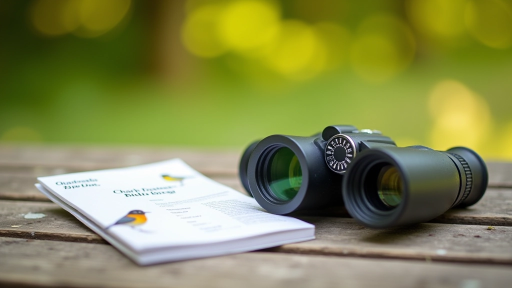 Binoculars and bird identification field guide book on weathered wooden table, outdoor naturalist setting