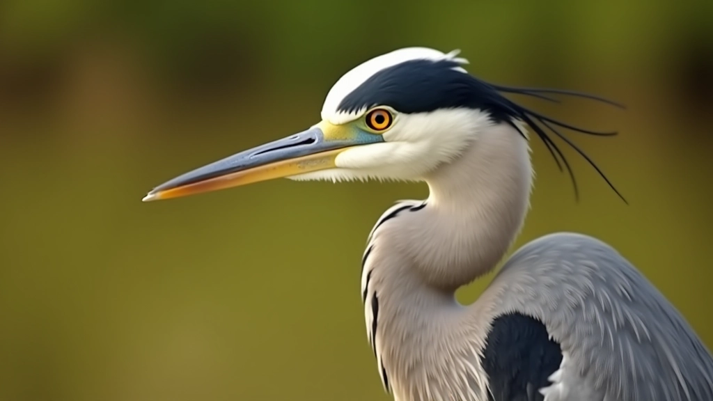 Close-up profile of grey heron head and neck, sharp detail of eye and feathers, wetland background softly blurred