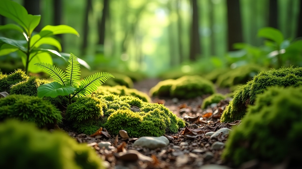 Forest undergrowth in Podyjí reserve showing ferns, moss-covered rocks, and native vegetation in natural habitat, woodland floor detail with dappled light