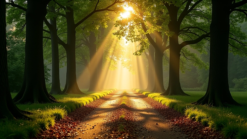 Morning light filtering through oak forest canopy in Podyjí reserve, peaceful woodland scene with dappled shadows on forest floor, natural botanical setting