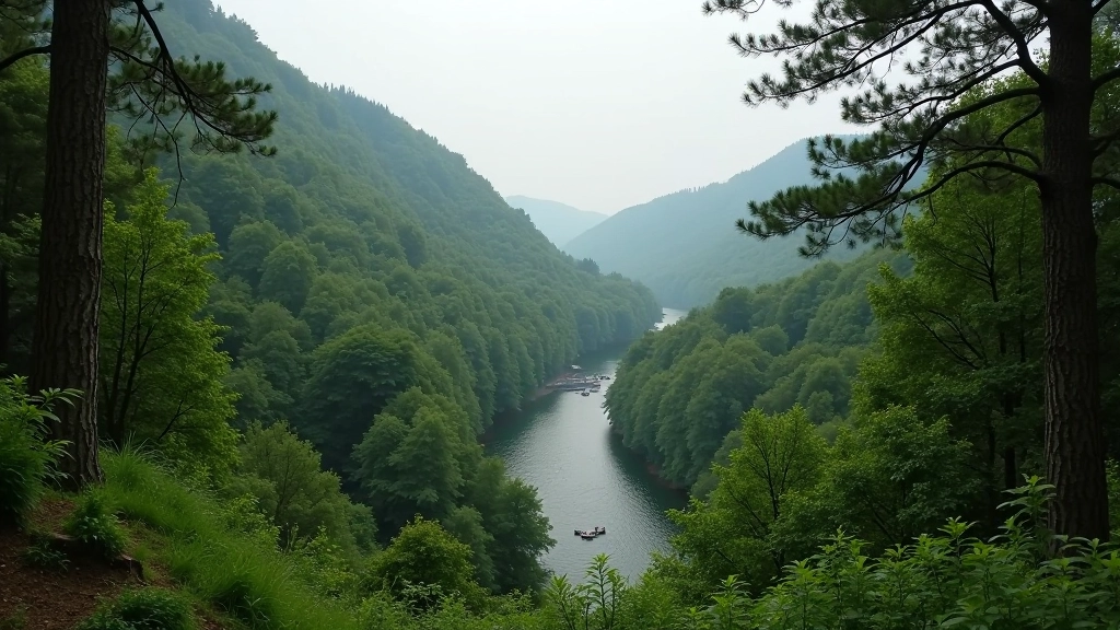 Scenic Dyje River valley view from elevated forest path in Podyjí reserve, landscape vista with river and vegetation, natural panoramic view