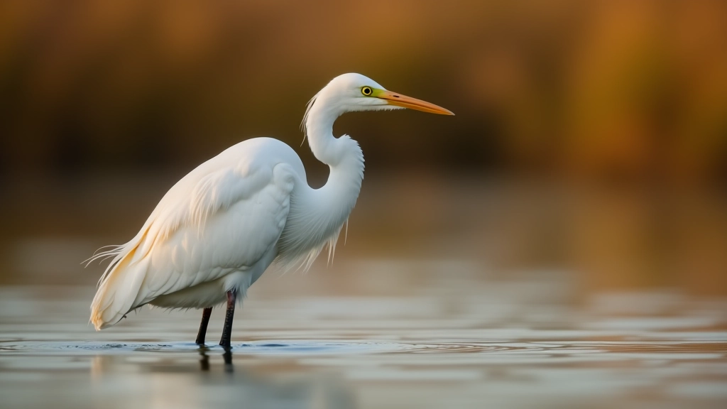 Great egret wading in shallow wetland water at sunrise, natural hunting pose, wetland habitat background