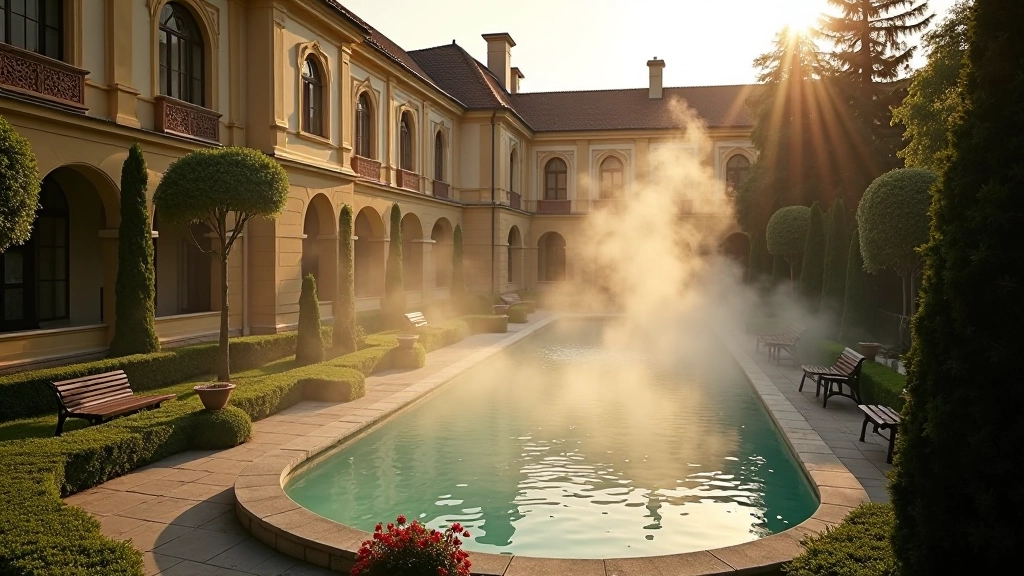 Thermal park facilities in Karlovy Vary with spa buildings and relaxation areas among gardens