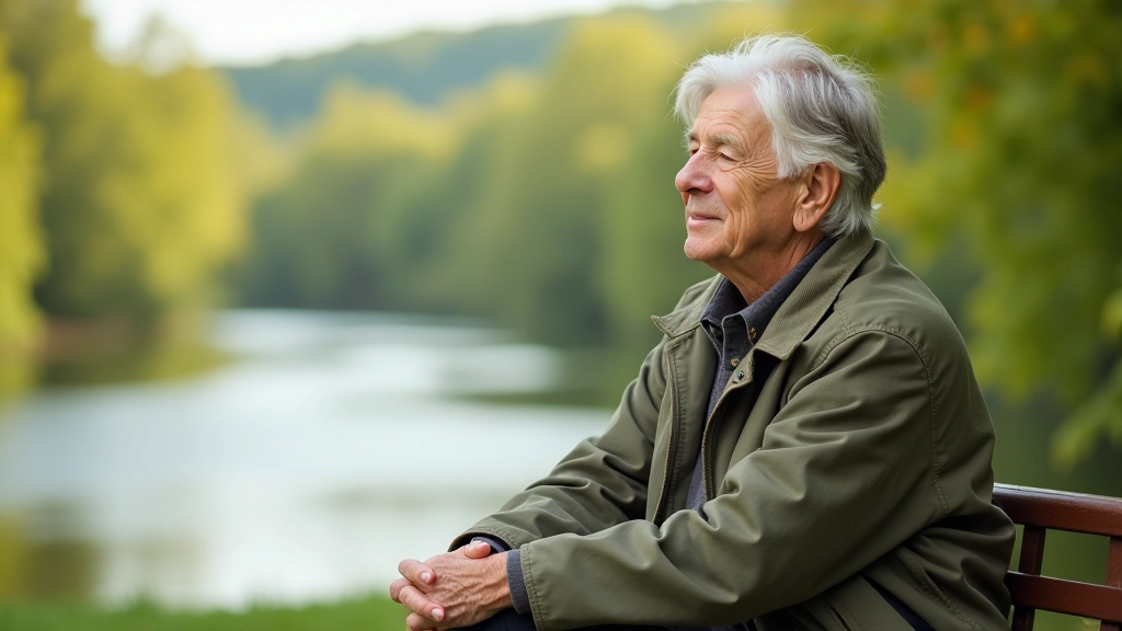 Person sitting on wooden bench overlooking river valley, afternoon light, peaceful rest moment