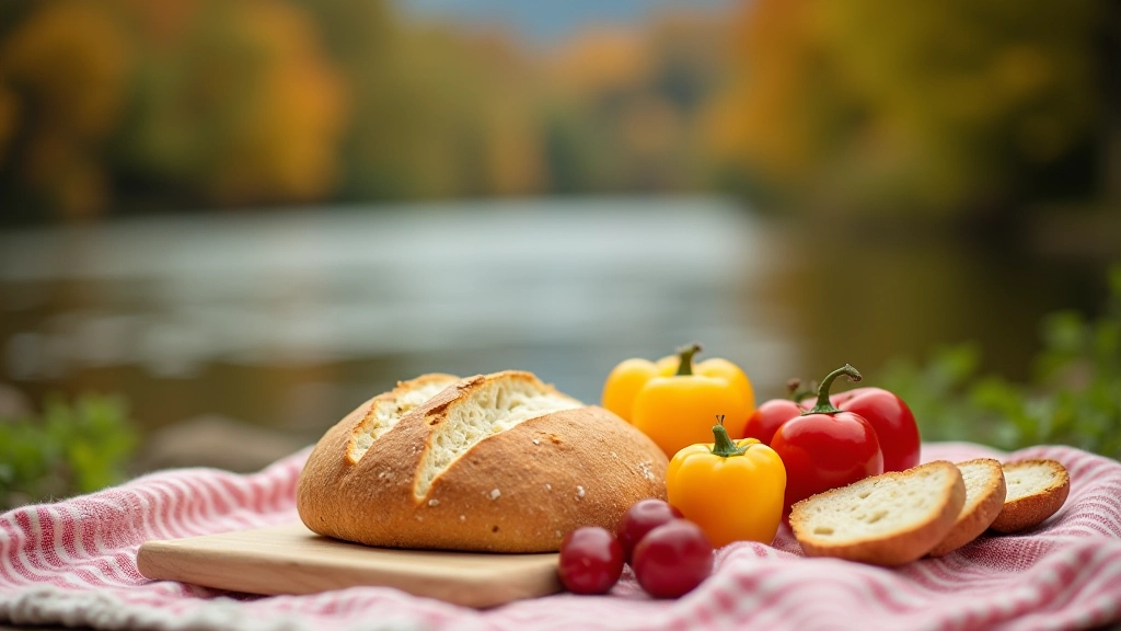 Picnic lunch spread on cloth by riverside, bread and fresh vegetables, autumn trees, natural setting