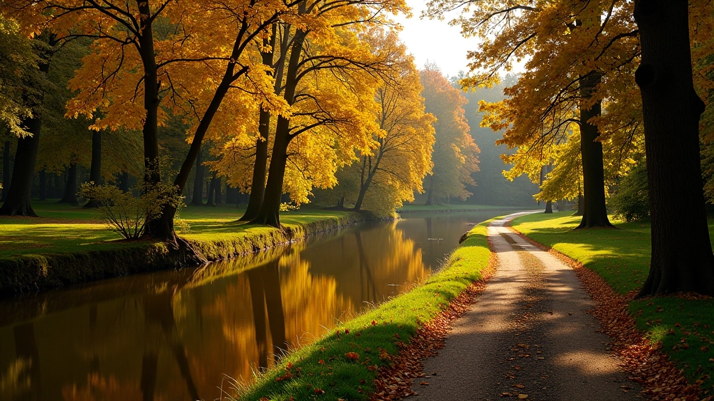 Scenic riverside landscape with walking path near Český Krumlov, autumn foliage, peaceful water view
