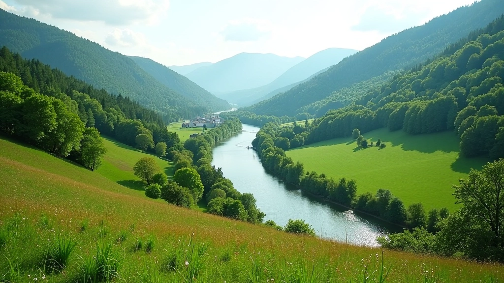 Scenic Czech countryside landscape with forest, river valley, and rolling hills perfect for senior outdoor relaxation