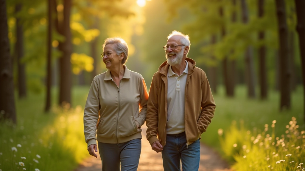 Senior couple enjoying peaceful forest walk together, smiling, relaxed pace, natural woodland setting, warm natural lighting