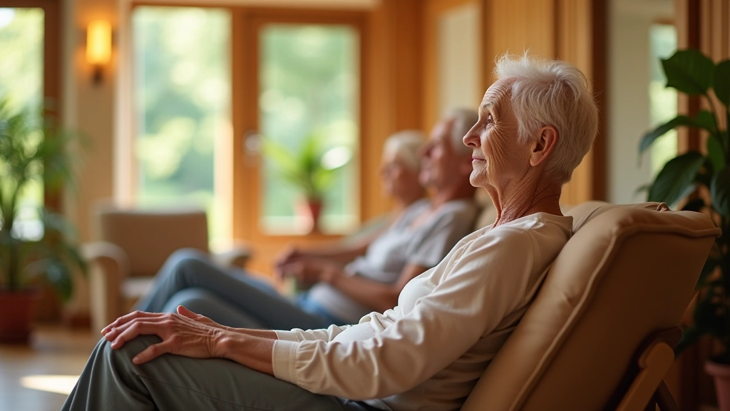 Senior visitors relaxing in thermal pool area with spa facilities, comfortable seating, and calm atmosphere