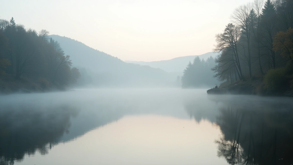 Early morning mist over Vltava River, calm water surface, trees reflected, serene atmosphere