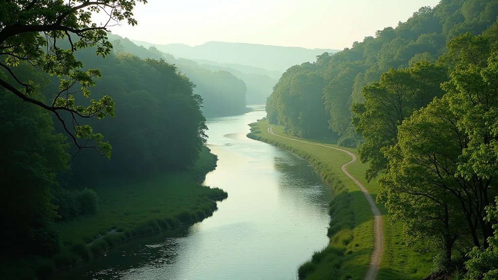 Vltava River winding through green valley with walking trail, trees lining both banks, peaceful morning light