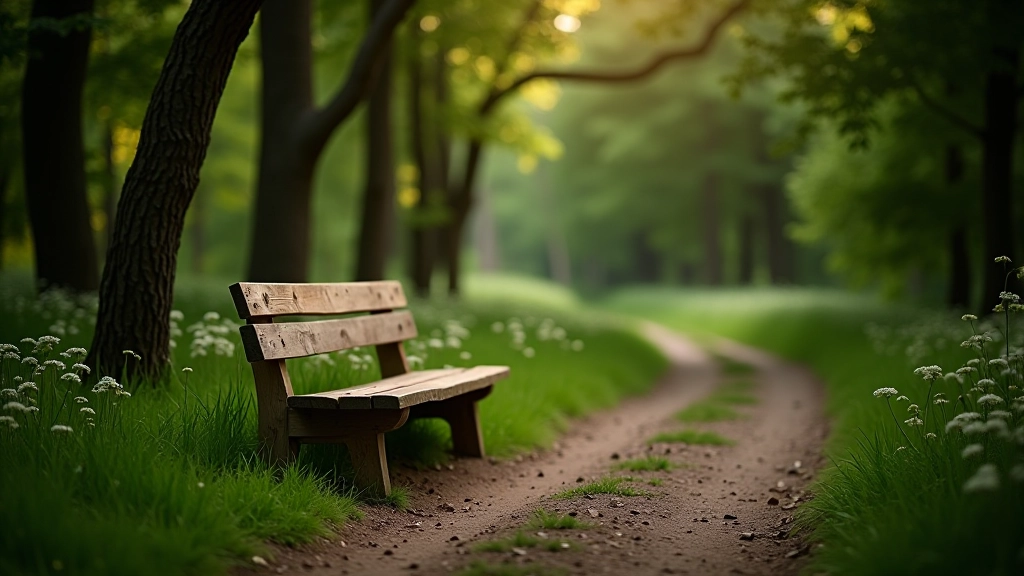 Rest bench along forest trail in Podyjí reserve with natural woodland surroundings, peaceful seating area surrounded by trees, scenic forest setting