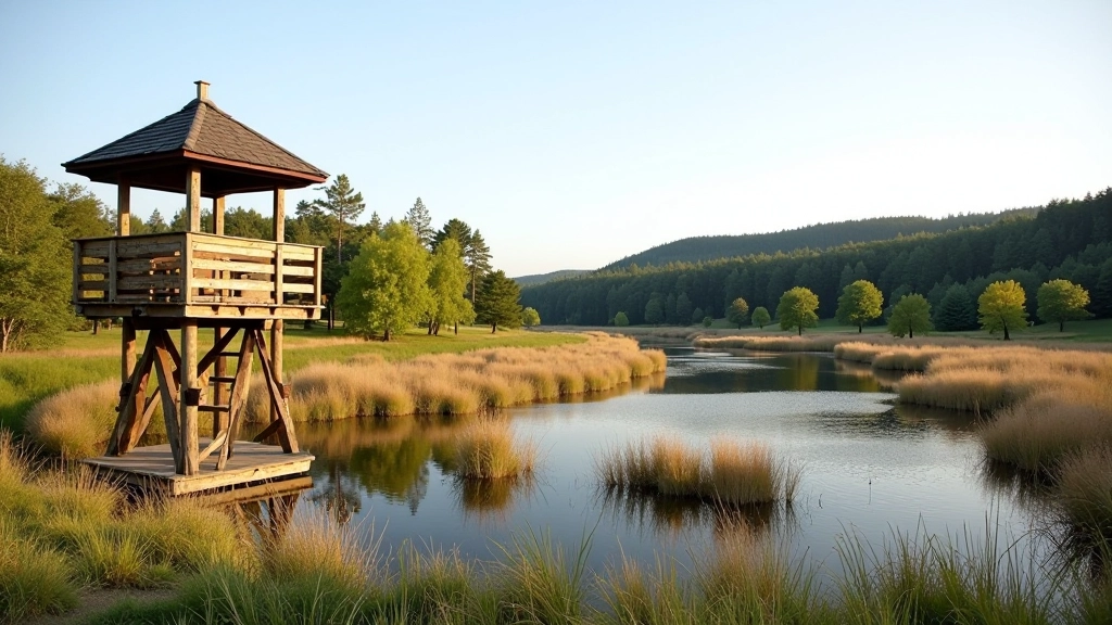 Wooden observation tower overlooking wetland ponds with scattered trees and water reflections, peaceful nature setting